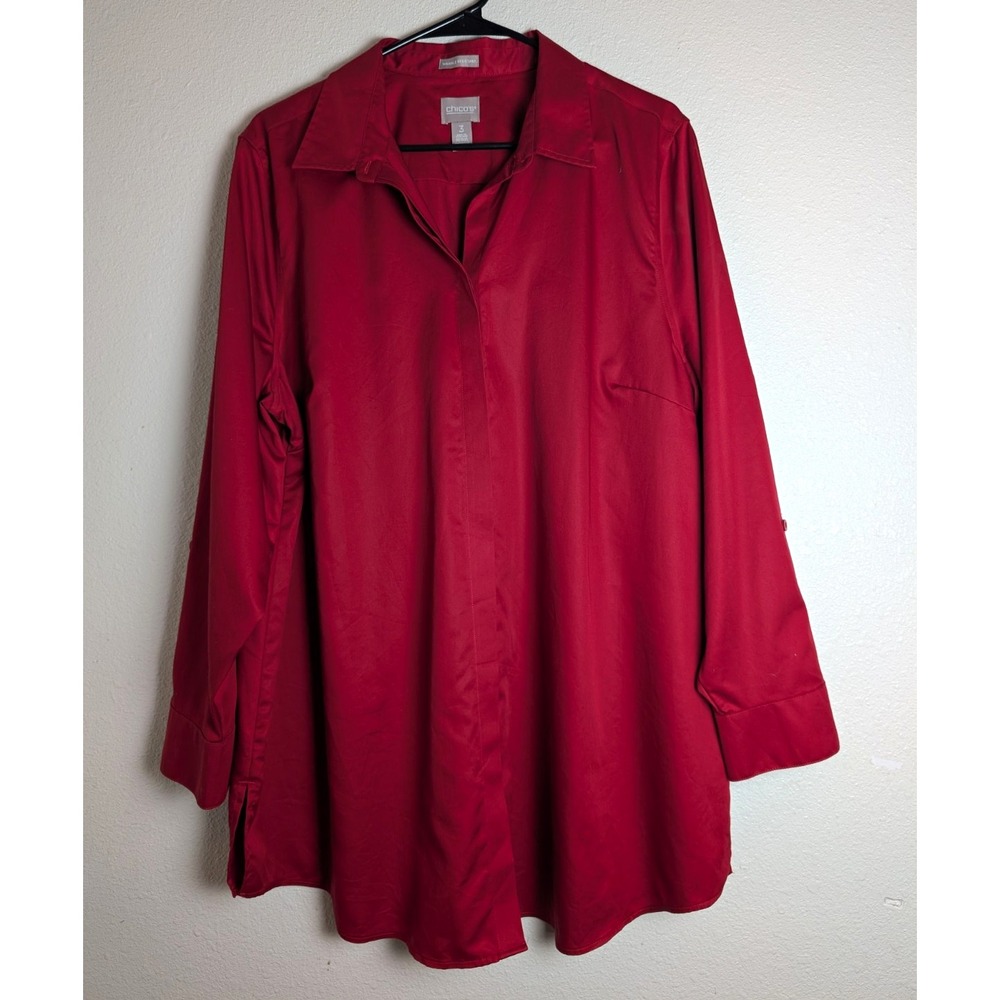 Chico's Womens Size 3 Red Wrinkle Resistant Cotton Button Down Tunic Shirt